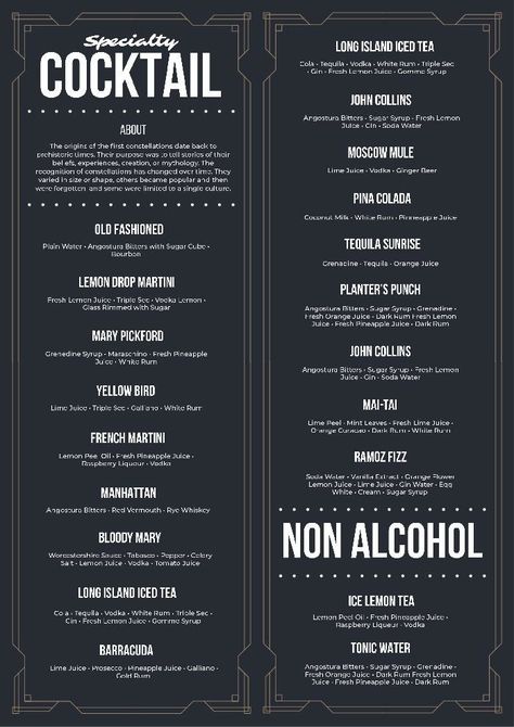 Pub Food Menu Design, Cocktail Menu Design Ideas Bar, Cocktail Menu Design Templates, Bar Website Design, Cocktail Menu Design, Long Island Iced Tea Cocktail, Blackboard Menu, Gin And Soda, Fine Dining Menu