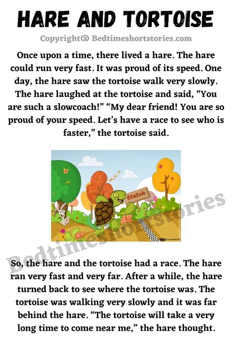 This is the Hare And Tortoise Story for kids. Full story in link above, read now. Hare And Tortoise, Money Mantras, English Poems For Kids, English Grammar For Kids, Short Moral Stories, Reading Comprehension Kindergarten, English Stories For Kids, English Short Stories, Grammar For Kids