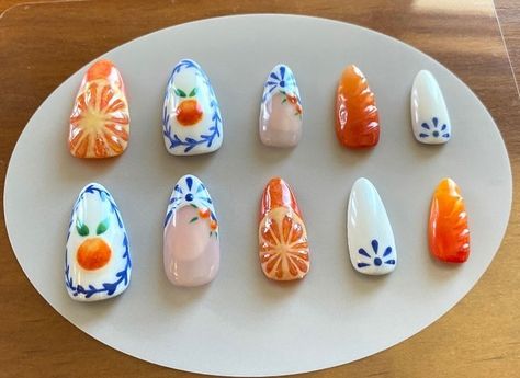 Citrus Nails 🍊🌀🤍 These took three hours for just five nails 😣 so worth it though! 🫶 • • • #nailsnailsnails #nails #nailart #naildesign #nailartist #nailinspiration #trendynails #summernails #3dnailart #orange #oranges #art #customepressonnails #pressonnails #nailinspo #summernailinspo Tangerine Nail Art, Tangerine Nails, Citrus Nails, Summertime Nails, Oranges Art, Beauty Crush, Nail Colours, 3d Nail Art, Nails Inspo