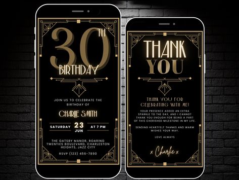 Gatsby 1920s Themed Party Invite, Speakeasy Birthday Invitation Template, Digital 30th Birthday Paperless Mobile Evite & Thank You Card by WhimsicalThingsInc on Etsy 20s Party Invitation, 1920s Themed Party, Harlem Nights, 30th Birthday Invitations, 40th Birthday Invitations, Jazz Age, Birthday Invitation Template, Diy Template, Birthday Thank You