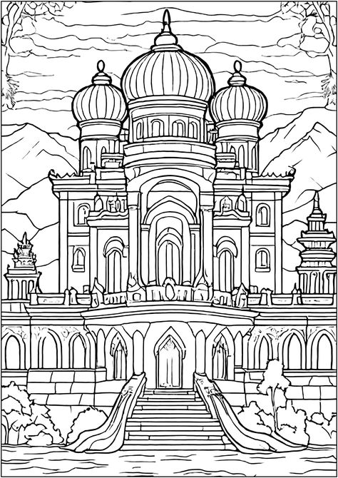 Imaginary Indian palace - JustColor.net : Free printable coloring pages for adults and kids Houses Coloring Pages, Ancient Greece Mythology, Indian Palace, Egypt Hieroglyphics, Printable Coloring Pages For Adults, Greece Mythology, Palace Architecture, Tibet Art, Pop Art Tattoos