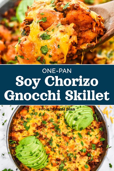 Enjoy meatless Monday with this One-Pan Soy Chorizo Gnocchi Skillet! It’s an easy to make weeknight meal that includes veggies and packs tons of smoky flavor from the soy chorizo and salsa. You won’t miss the meat! Recipes With Soy Chorizo, Soyrizo Recipes, Chirozo Recipes, Soy Chorizo Recipes, Chorizo Gnocchi, Soy Chorizo, Batch Recipes, Sides Recipes, Meat Free Monday