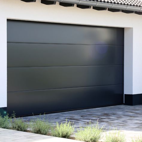 Horizontal Garage Door, Black Metal Garage Door, Flat Panel Garage Door, Modern Garage Doors Ideas, Garage Door Black, Double Garage Doors, Garage Doors Uk, Garage Doors Ideas, Doors Ideas Interior