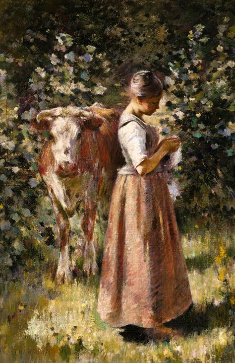 La Vachère | Smithsonian Institution Theodore Robinson, Farm Paintings, Cow Wall Art, Painting Media, Antique Paint, Vintage Art Prints, Student Art, American Artists, Animal Paintings