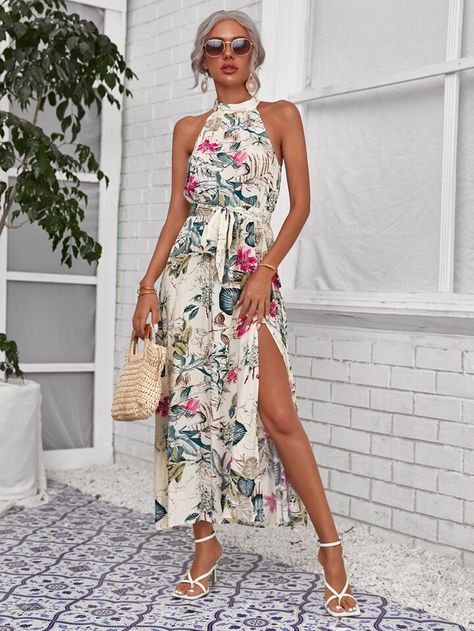 Vestidos Halter, Special Event Dresses, Bohemian Maxi Dress, Shein Dress, Split Dress, Vintage Maxi Dress, Vintage Floral Print, Floral Print Maxi Dress, Floral Print Maxi