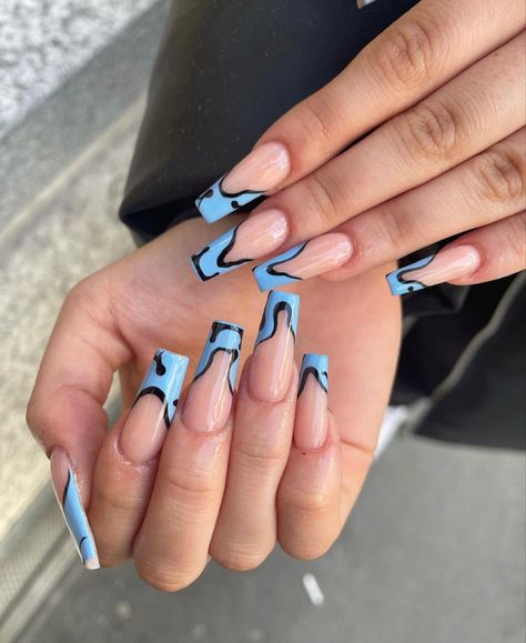 nails, nail inspo, trendy nails, nail inspo acrylic, summer nails, fall nails, September August nails, nail inspo short, acrylic nails, french tip, nail design inspo, almond, pink, white, minimalist, nails acrylic, nail ideas, nails 2022, nail art designs, nails inspiration, nail colors, nail shapes, trendy, neutral, light blue nails, light pink nails, light purple nails, soft pink, girly aesthetic, girly, girls, long nails, short nails, square, square nails, coffin, coffin nails, birthday nails Acrylic Nail Light Blue, Light Blue Nails With Black Design, Black And Light Blue Nails, Gel Nails Light Blue, Baby Blue And Black Nails, Christmas Nails Light Blue, Light Blue And Black Nails, Purple Nails Light, Pink Nails Light