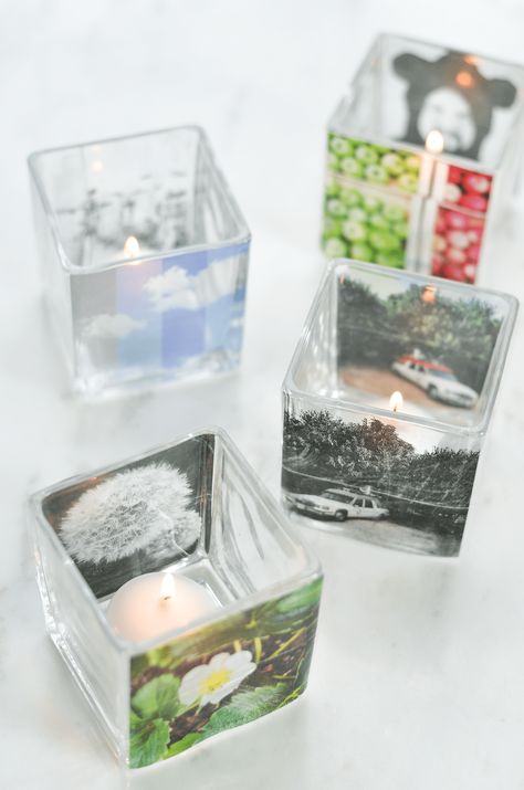 Make Your Own Instagram Votive Candle Holders (click through for tutorial) Photo Candle, Square Candle Holders, Creative Mother's Day Gifts, Diy Father's Day, Square Candles, Paper Bowls, Diy Father's Day Gifts, A Beautiful Mess, Father's Day Diy