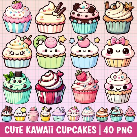 Cupcake Cartoon Cute, Cupcake Cartoon, Kawaii Cupcakes, Cupcakes Cute, Cartoon Cupcakes, Illustration Birthday, Cupcake Clipart, Cupcake Illustration, Kids Nursery Art