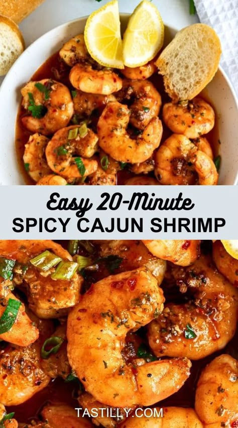 Simplicity meets zest and flavor in these Spicy Cajun Shrimp where plump shrimp are bathed in the most explosive sauce made with garlic, butter, lemon juice, ketchup, hot sauce, chicken broth, and Cajun seasoning. Your tastebuds will absolutely love it and it all comes together in 20 minutes! Hot And Spicy Shrimp, Spicy Cajun Shrimp, Shrimp And Scallop Recipes, Lunch For One, Cajun And Creole Recipes, Creole Gumbo, Spicy Shrimp Recipes, Cajun Shrimp Recipes, Seafood Dish Recipes