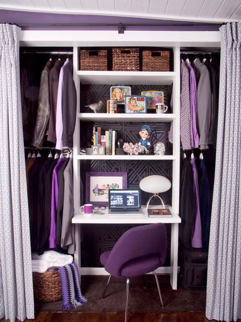 A theater designer turns his guest bedroom closet into a showy multipurpose workspace. Closet With Desk And Clothes, Desk In Closet Ideas With Clothes, Contemporary Home Offices, Lady Cave, Closet Units, Small Dressing Rooms, Frozen Bedroom, Closet Desk, Office Closet