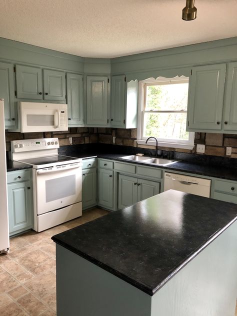 Benjamin Moore’s Stratton Blue Cabinets and Gianni Bombay black cabinet kit. Benjamin Moore Stratton Blue Cabinets, Stratton Blue Benjamin Moore, Benjamin Moore Stratton Blue, Stratton Blue, Blue Benjamin Moore, Gossamer Blue, House Makeovers, Black Cabinet, Blue Cabinets