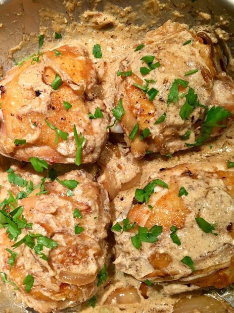 Chicken Thighs With Creamy Mustard Sauce from “Cook Like A Pro” Chicken Thighs With Creamy Mustard Sauce, Pan Fried Chicken Thighs, Dijon Chicken Thighs, Rosemary Chicken Thighs, Mustard Chicken Thighs, Cream Sauce For Chicken, Mustard Cream Sauce, Cornish Hen Recipe, Creamy Dill Sauce