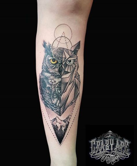 Dövme Leg Owl Tattoo, Geometric Owl Tattoo Design For Men, Landscape Tattoo Ideas, Owl Tattoos For Men, Owl Tattoo Men, Owl Forearm Tattoo, Tattoo Ideas Sleeve, Mens Owl Tattoo, Traditional Owl Tattoos