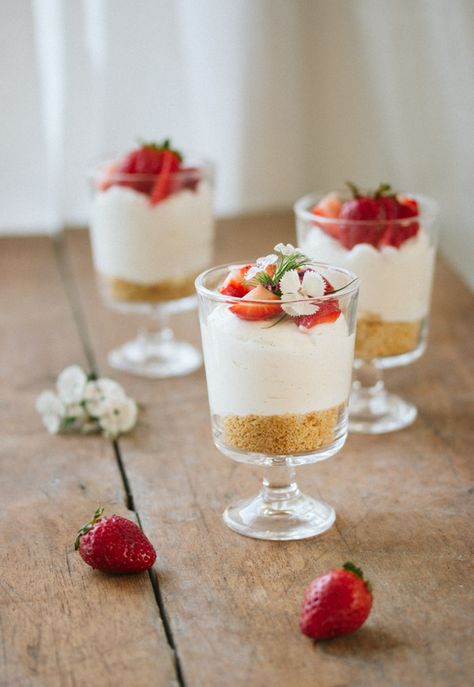 Individual No-Bake Cheesecake | Pretty. Simple. Sweet. Cheesecake In A Glass No Bake, Mousse Glass Dessert, Mini Cheesecakes In Cups, Mini Cheesecake Jars, Individual Desserts In A Cup No Bake Mini Cheesecakes, Cheesecake Shots Mini Desserts, Cheesecake In A Cup No Bake, Strawberry Cheesecake Wedding Cake, No Bake Cheesecake Mini Cups