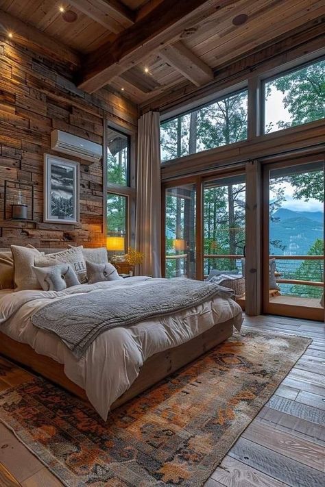 Cozy Rustic Cabin, Rustic Cabin Bedroom, Cabin Houses, Lakehouse Bedroom, Fancy Bedroom, Suite Master, Cabin Designs, Dream Country, Woodland House