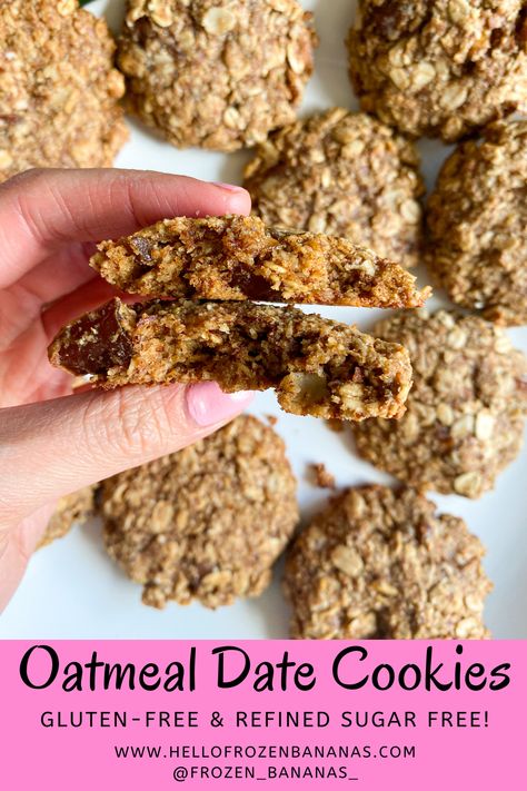 Oatmeal Date Cookies - hellofrozenbananas.com Oat Date Cookies Healthy, Vegan Oatmeal Date Cookies, Gluten Free Date Cookies Recipes, Healthy Oatmeal Date Cookies, Banana Date Cookies, Oatmeal Date Cookies, Clean Desserts, Vegetarian Cookies, Date Cookies