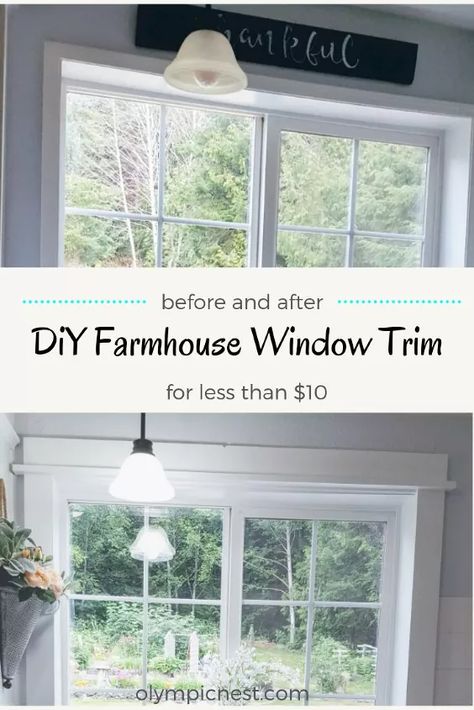 Diy Farmhouse Trim, Kitchen Window Trim, Farmhouse Window Trim, Make A Fire Pit, Farmhouse Trim, Window Diy, Builder Grade Kitchen, Stair Makeover, Farmhouse Window