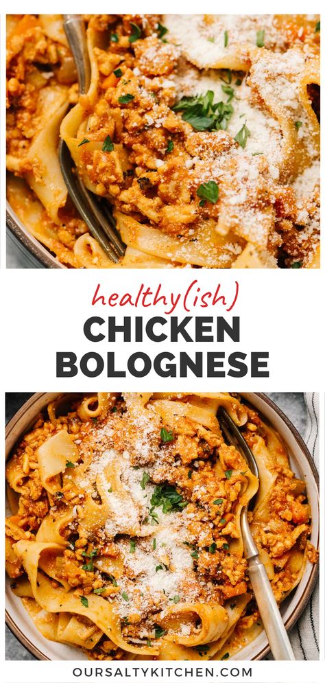 Dinner Ground Chicken, Chicken Bolognese Sauce, Healthy Pasta Dinner, Healthy Ground Chicken, Healthy Bolognese Sauce, Ground Chicken Recipes Healthy, Traditional Bolognese, Chicken Ragu, Chicken Bolognese