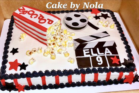 Movie themed cake for Ella’s 9th birthday. The popcorn box is made of marshmallow Rice Krispie treats. #cakedecorating #cakestagram #instacake #cakesofinstagram #sheetcake #sheetcakesdonthavetobeboring #decoratedcake #handcutfondant #ricekrispietreats #moviethemecake Movie Party Cake Ideas, Movie Night Cake Ideas, Movie Cake Ideas, Movie Night Themed Birthday Cake, Movie Theme Birthday Party Cake, Movie Theater Cake, Movie Theme Birthday Cake, Movie Themed Birthday Cake, Movie Theater Birthday Cake