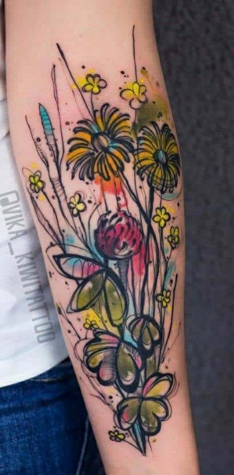 Watercolor Bouquet Tattoo, Garden Lover Tattoo, Half Sleeve Tattoos For Women Upper Arm Water Color, Sketchy Flower Tattoo, Watercolor Nature Tattoo, Watercolor Plant Tattoo, Watercolor Wildflower Tattoo, Bright Tattoos For Women, Tattoo Ideas Watercolor