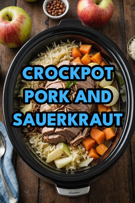 A photo of a  Crockpot Pork and Sauerkraut which is a type of Crockpot Pork Pork Roast Sauerkraut Crockpot, Slow Cooker Pork And Sauerkraut, Pork Loin And Sauerkraut Crockpot, Pork Roast And Sauerkraut Crockpot, Pork Chops And Sauerkraut Crockpot, Pork And Sauerkraut Crockpot, Crock Pot Pork Shoulder Recipes, Pork Roast With Sauerkraut, Crockpot Pork Recipes