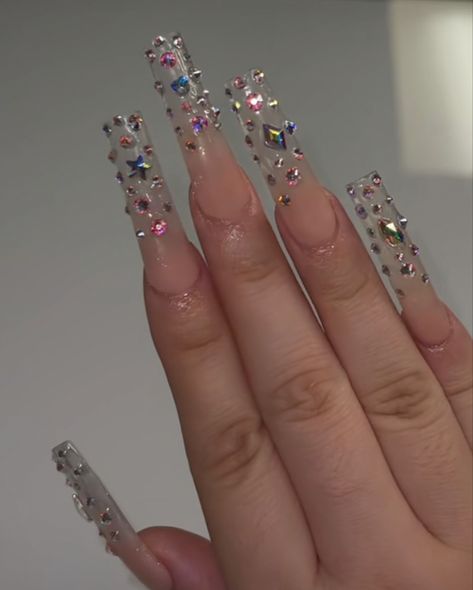 Luxury Nails Aesthetic, Nails With Pearls And Rhinestones, Clear Bling Acrylic Nails, Clear Rhinestone Acrylic Nails, Clear Rhinestone Nails, Bedazzled Acrylic Nails, Clear Acrylic Nails With Rhinestones, Clear Nails With Gems, Clear Nails With Rhinestones