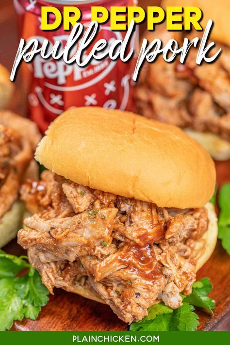 Slow Cooker Dr. Pepper Pulled Pork Recipe – our go-to recipe for pulled pork with only 4 ingredients! Pork tenderloin, Dr. Pepper, chipotle peppers in adobo sauce, and BBQ sauce. Super tender and loaded with tons of great flavor! Great for Memorial Day, 4th of July, Labor Day & tailgating. Serve the shredded pork on buns, over a baked potato, on a salad, in pork tacos, or pork nachos! YUM! Dr Pepper Pulled Pork Crock Pot, Baked Bean Casserole, Plain Chicken Recipe, Bbq Pulled Pork Recipe, Cooking Pork Tenderloin, Veal Recipes, Pork Dinner, Shredded Pork, Pulled Pork Recipes