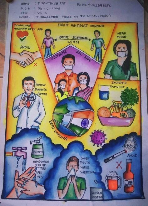 Covi̇d Poster Design Drawing, Covi̇d 19 Poster Design School, Healthy Community Drawing, Covi̇d 19 Poster Drawing, Poster Making About Health, Awareness Poster Design, Save Water Poster Drawing, Elementary Drawing, Oil Pastel Drawings Easy