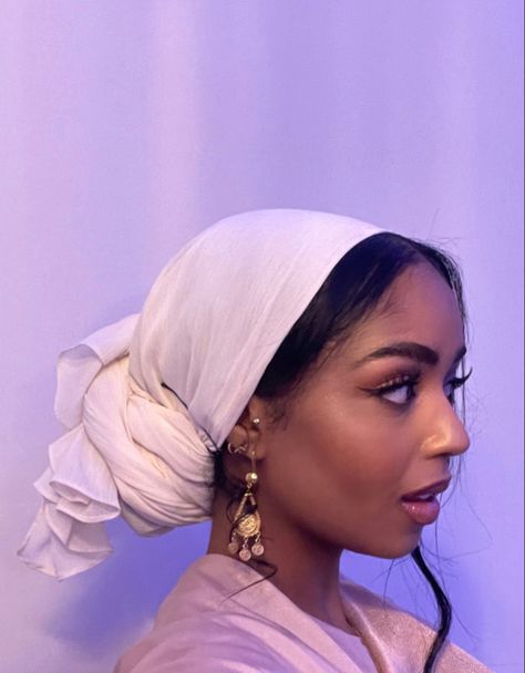 Satin Hair Scarf Head Wraps, Covering Hair With Scarf, Spiritual Head Wrap, White Headwrap Black Women, Low Bun Head Wrap, Scarves In Hair, Head Covering Styles, Headscarf Hairstyles, White Headscarf