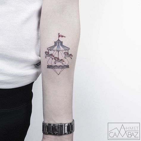 Carnival Tattoo, Carousel Tattoo, Unique Animal Tattoos, Circus Tattoo, Animal Tattoos For Women, Round Tattoo, Cute Animal Tattoos, Tattoos Geometric, Tattoo Arm