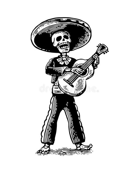 Mexican Tattoos Men, Tattoo Mexican Culture, Skeleton And Music Tattoo, Mexican Tattoo Designs, Mariachi Tattoo Design, Guitar Skeleton Tattoo, Day Of The Dead Skeleton, Mexican Guitar Tattoo, Mexican Tattoo Ideas