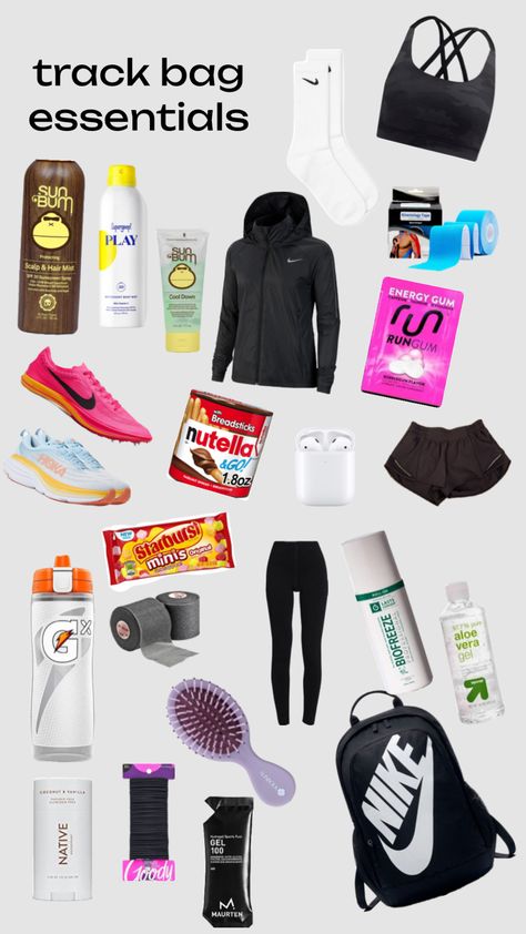 Track essentials #trackandfield #track #trackessentials Tennis Bag Essentials, Sports Bag Essentials, Track Workout Training, Track Bag, Track Uniforms, Dance Class Outfit, Track And Field Sports, Track Outfits, Coach Outfits