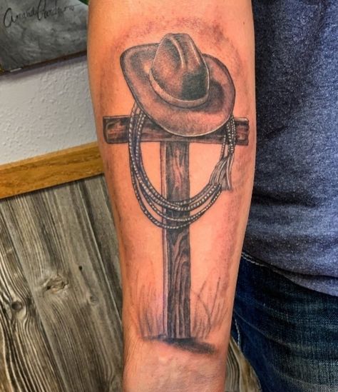 Cowboy Memory Tattoo, Men S Tattoos, Cross With Antlers Tattoo, Cowboy Tribute Tattoo, Western In Memory Tattoos, Southern Arm Tattoos, Cowboy Tattoos For Men Forearm, Country Chest Tattoos For Men, Western Tattoos Forearm