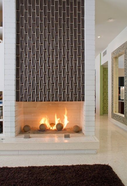 Mid Century Modern Fireplace Tile, Contemporary Stone Fireplace, Mid Century Modern Fireplace Ideas, Fireplace Mid Century Modern, Tile On Fireplace, Fireplace Mid Century, Midcentury Modern Fireplace, Tile Fireplaces, Copper Fireplace