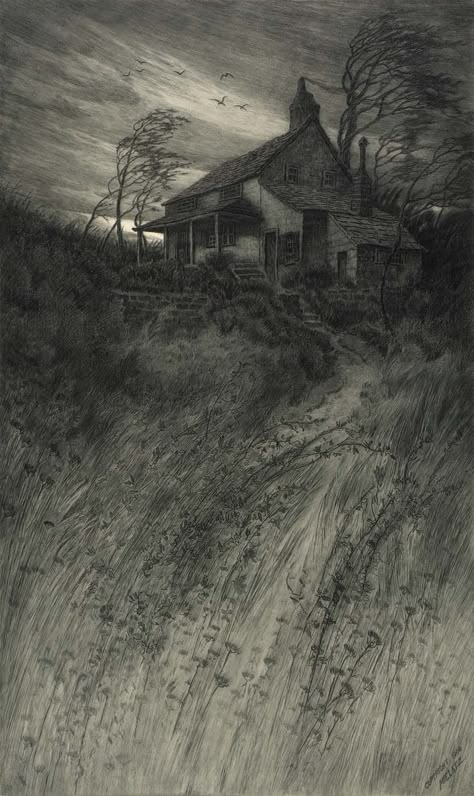 Old House in Wind by C. F. William Mielatz / American Art 동화 삽화, A Hill, House On A Hill, A Drawing, Art Plastique, 그림 그리기, Old House, American Art, Dark Art