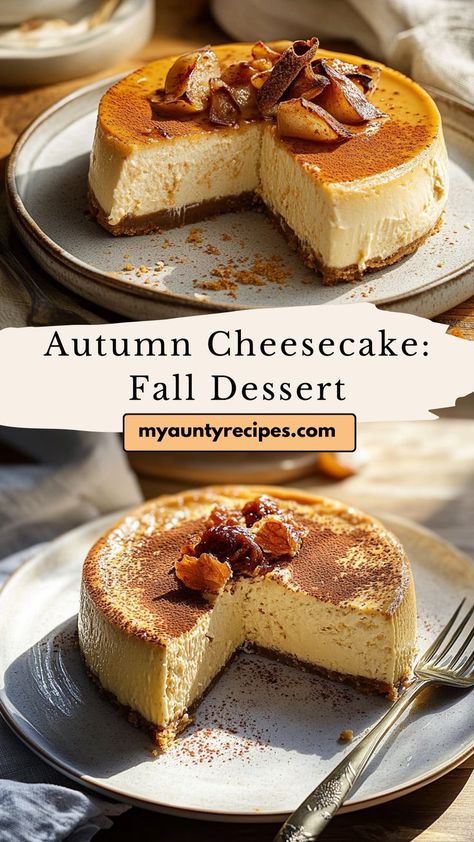 Celebrate the flavors of autumn with this Autumn Cheesecake. This rich, creamy cheesecake infused with seasonal spices is perfect for winter meals dinners or Friendsgiving food ideas. The combination of spices and smooth texture makes it the ultimate dessert for cozy winter gatherings. Cheesecake Flavors Ideas, Autumn Cheesecake, Winter Meals Dinners, Fall Cheesecake Recipes, Fall Cheesecake, Friendsgiving Food Ideas, Winter Dessert, Friendsgiving Food, Winter Dessert Recipes