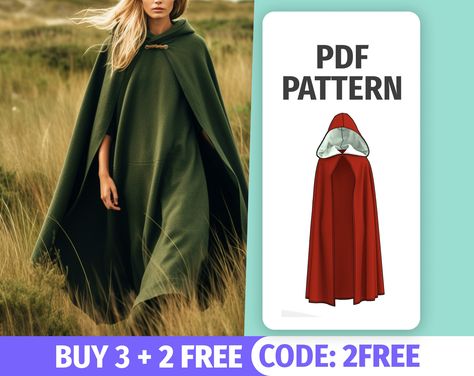 Hooded Cloak Pattern, Cloak Sewing Pattern, Hooded Cape Pattern, Cloak Pattern, Cape Pattern Sewing, Costume Viking, Medieval Cloak, Costume Sewing, Cape Pattern