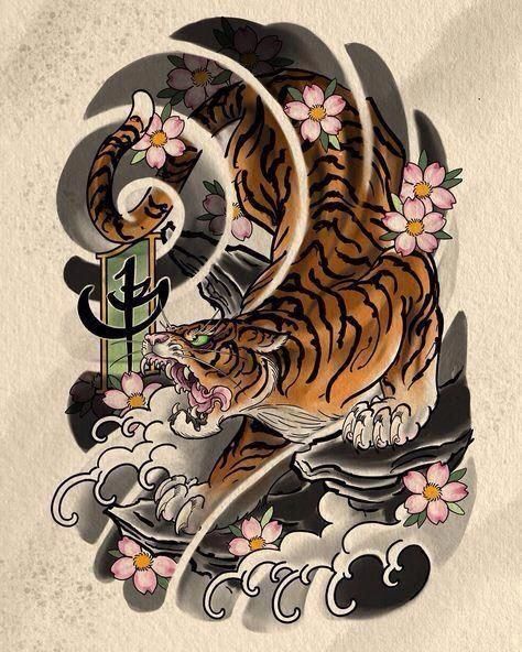 Japanese Tiger Art, Japanese Tiger Tattoo, Tiger Tattoo Sleeve, Tattoo Japanese Style, Sakura Tattoo, Japanese Tiger, Tiger Tattoo Design, Japan Tattoo Design, Black Girls With Tattoos