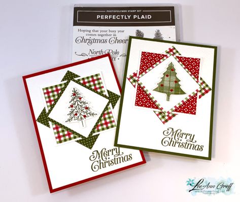 Christmas Cards With Plaid Paper, Running Christmas, Small Patterns, Stamping Projects, Stamped Christmas Cards, Square Cards, Simple Christmas Cards, Fun Folds, Homemade Christmas Cards