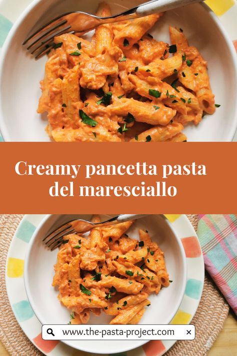 This creamy paste with pancetta and tomato sauce is one of the easiest Italian pasta recipes ever. It’s super simple to make and you can have it on the table in the time it takes you to boil the water and cook the pasta. Here in Italy, we call this dish pasta del Maresciallo, meaning the marshal’s pasta. Pasta With Pancetta Creamy, Recipes With Pancetta, Pancetta Pasta Recipes, Mafaldine Pasta, Pasta With Pancetta, Pancetta Recipes, Pancetta Pasta, Penne Pasta Recipes, Healthy Appetizers Easy