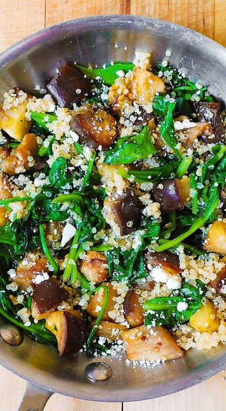 Roasted Eggplant, Spinach, Quinoa, and Feta Salad Roasted Eggplant, Roast Eggplant, Feta Salad, Healthy Comfort Food, Eggplant Recipes, Monkey Bread, Meatless Meals, Veggie Dishes, Healthy Vegetarian