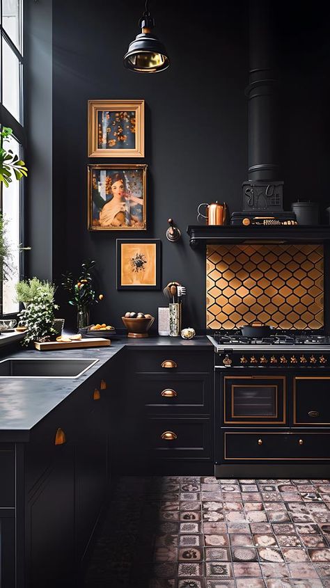 Black Interior Design Kitchen, Black And Tan Kitchen, Black And Yellow Kitchen, Moody Kitchen Ideas, Kitchen Gray And White, Black Cabinets Kitchen, Black Walls Kitchen, Modern Colonial Kitchen, Kitchen Coffee Bar Ideas