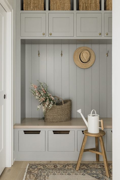 James May Homes Amber Interiors Mudroom, Oakstone Homes, Vertical Shiplap, Front Door Interior, Mudroom Design, Drop Zone, Boot Room, Laundry Mud Room, Neutral Design