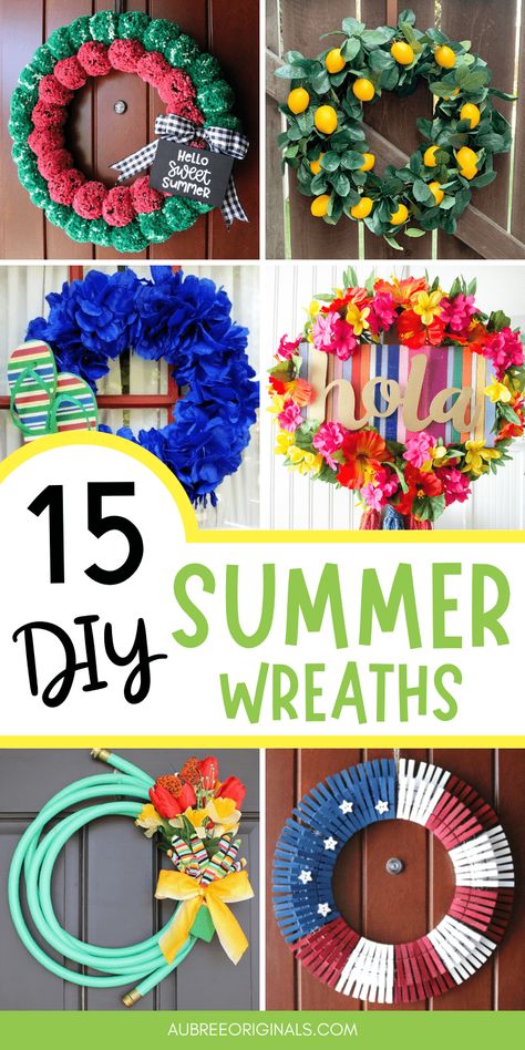 These DIY summer wreaths are the perfect addition to your front door this summer! Fun and easy summer crafts. Diy Summer Wreaths For Front Door, Spring Summer Wreaths Front Doors, Summer Wreaths For Front Door Diy, Easy Door Wreaths, Fun Summer Diy, Summer Wreaths Diy, Holiday Wreath Craft, Burlap Wreath Christmas, Filofax Diy