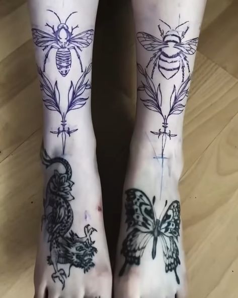 Symmetrical Shin Tattoo, Thigh Tattoos Women Goth, Goth Thigh Tattoo, Ankle Cuff Tattoo, Cuff Tattoo, Shin Tattoo, Tattoo Apprenticeship, Goth Tattoo, Insect Tattoo