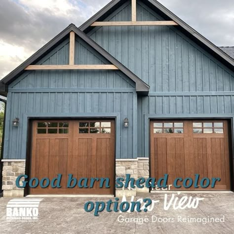 Vertical Vinyl Siding, Dark Blue Houses, Wood Garage Doors, Board And Batten Siding, Shop Buildings, Siding Colors, Metal Siding, House Siding, Casa Exterior