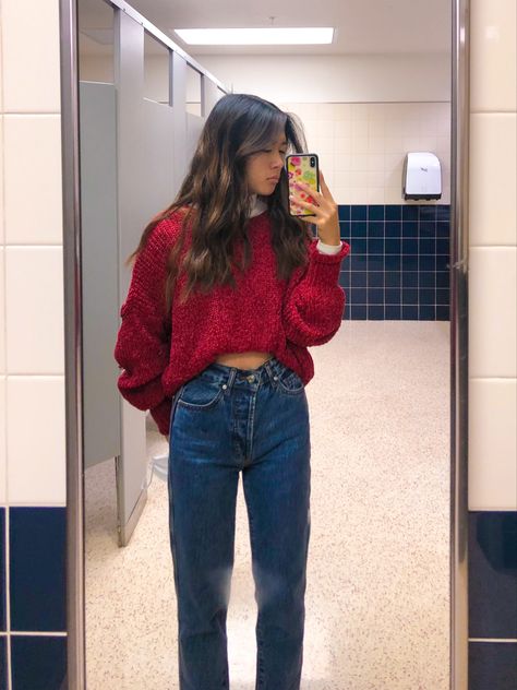 Red And Blue Jeans Outfit, Red Sweater With Jeans, Red Shirt Work Outfit, Red Turtle Neck Sweater Outfit, Red Crew Neck Sweater Outfit, Outfit With Red Sweater, Red Basic Outfit, Red V Neck Sweater Outfit, Fall Red Outfit