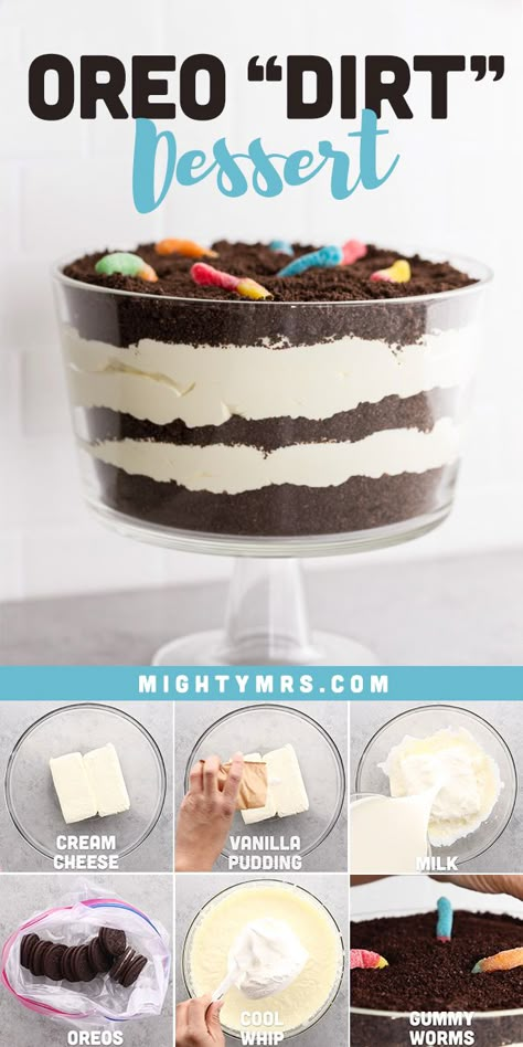 Dirt Trifle, Easter Dirt Dessert, Dirt Dessert Recipe Easy, Worm Dirt Dessert, Simple Dirt Cake, Dirt Dessert For A Crowd, Dirt Cake Trifle, Dirt Cake Easy, Dirt Cake With Cream Cheese