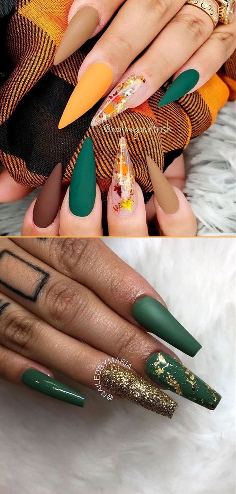 Stiletto Nail Art Fall, Fall Yellow Nails, Fall Nails Stiletto, Green Fall Nails Acrylic, Fall Green Nail Designs, Olive Green Fall Nails, Fall Colored Nails, Green And Orange Nails, Green And Yellow Nails