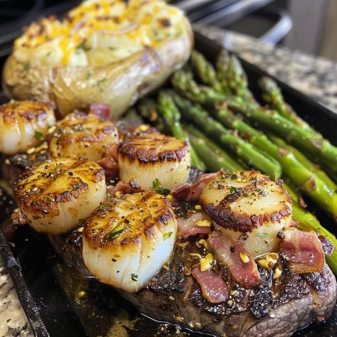 🥩🦪 Indulge in a luxurious steak and seafood dinner! #NewYorkStripScallops #SurfAndTurf 🍽️ New York Strip, Scallops, Loaded Baked Potato and Asparagus 🛒 Ingredients: 2 New York strip steaks 8 scallops 4 baked potatoes 1 lb asparagus 1/2 cup sour cream 1/2 cup cheddar cheese, shredded 4 bacon strips, crumbled 2 tbsp butter 2 tbsp olive oil 1 lemon, juiced Salt & pepper to taste 👩‍🍳 Instructions: Prepare Steaks: Season steaks with salt and pepper. Grill or pan-sear until desired doneness. Co... How To Prepare Steak, Strip Steaks, New York Strip, Loaded Baked Potato, Instagram Recipes, Surf And Turf, Steak And Seafood, Loaded Baked Potatoes, Steak Seasoning